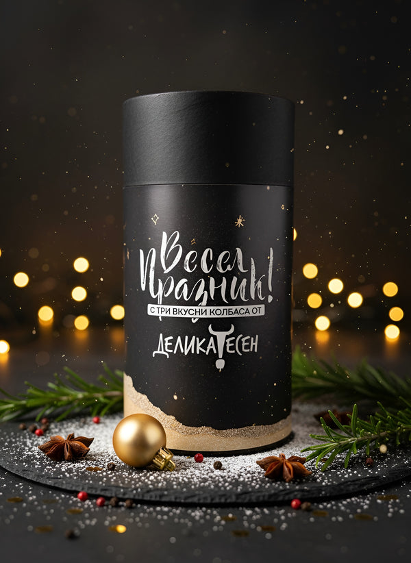 Коледен подарък от три колбаса - Бански бут, Бански страце, Неврокопска луканка Резерва Деликатесен. Подходящ за колеги, мъже, корпоративни подаръци.